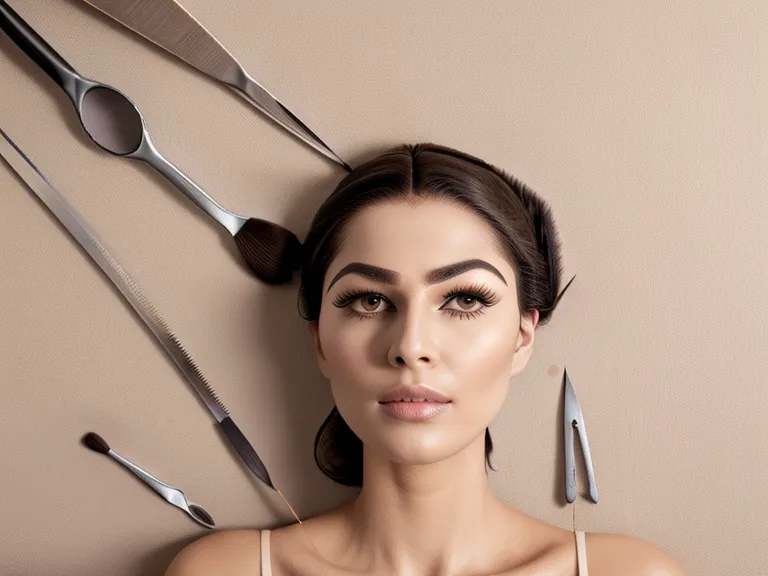 Estantería de salón de estética con productos y carta de servicios de cejas premium